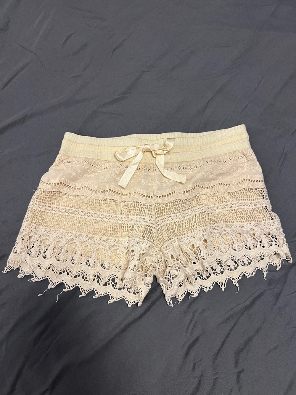 Cream Crochet Lace Drawstring Shorts